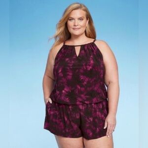 WOMEN'S High Neck Swim Romper with Pockets One Piece Swimsuit - Solid Burgandy